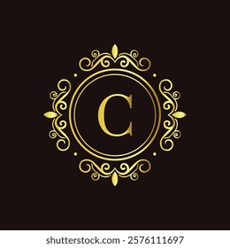 Minimalist gold letter C monogram design with elegant floral frame on a dark black background  
