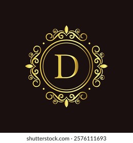 Minimalist gold letter D monogram design with elegant floral frame on a dark black background  
