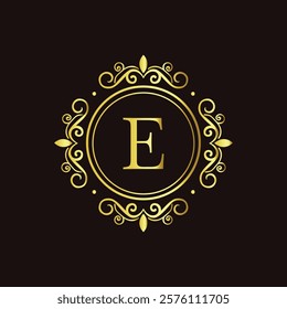 Minimalist gold letter E monogram design with elegant floral frame on a dark black background  
