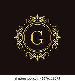 Minimalist gold letter G monogram design with elegant floral frame on a dark black background  
