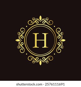 Minimalist gold letter H monogram design with elegant floral frame on a dark black background  
