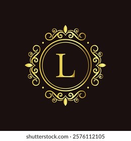 Minimalist gold letter L monogram design with elegant floral frame on a dark black background  
