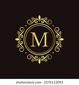 Minimalist gold letter M monogram design with elegant floral frame on a dark black background  
