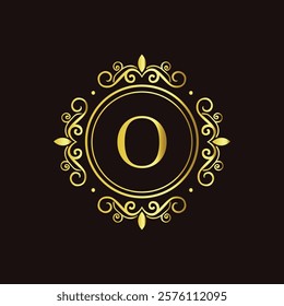 Minimalist gold letter O monogram design with elegant floral frame on a dark black background  
