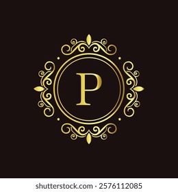 Minimalist gold letter P monogram design with elegant floral frame on a dark black background  
