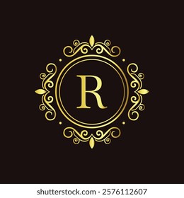 Minimalist gold letter R monogram design with elegant floral frame on a dark black background  
