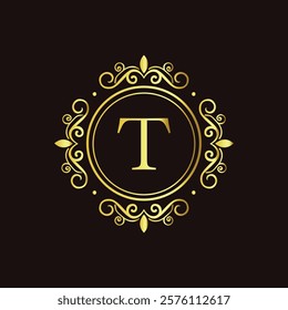 Minimalist gold letter T monogram design with elegant floral frame on a dark black background  
