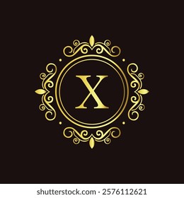 Minimalist gold letter X monogram design with elegant floral frame on a dark black background  
