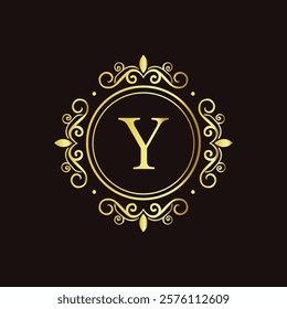 Minimalist gold letter Y monogram design with elegant floral frame on a dark black background  
