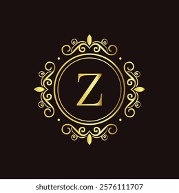 Minimalist gold letter Z monogram design with elegant floral frame on a dark black background  
