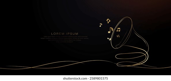 Minimalist gold line art of a gramophone with floating musical notes on a black background, symbolizing luxury and music