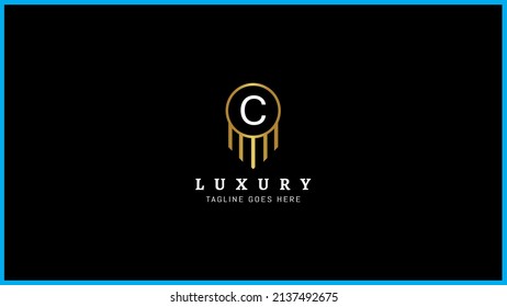 Minimalist, gold vector line logo featuring a stylized initial "C" with dripping gold accents, Isolated on a black background, Usable for Real estate, Construction Architecture Building monogram icon.
