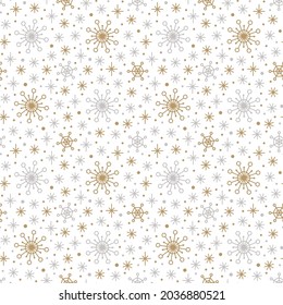 Minimalist gold white seamless pattern with Snowflakes for Christmas, New year and Winter design. Vector outline background for print, textile, greeting, postcard, invitation, wrapping, gift paper