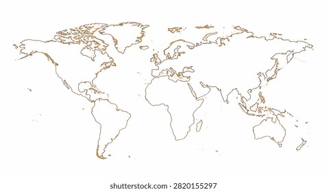 Minimalist gold world map outline featuring global continents and major islands. Elegant metallic yellow thin line art representation of Earth on a clean white background.