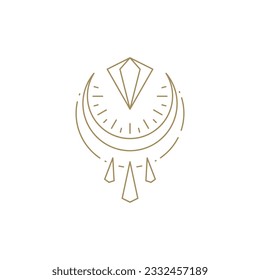 Minimalist golden half moon with bright gem brilliant jewelry carat line art icon vector illustration. Monochrome spiritual harmony balance spa meditation relaxation linear logo decorative design