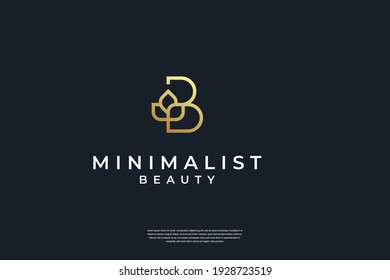 Minimalist golden initial B and leaf logo design with line art style