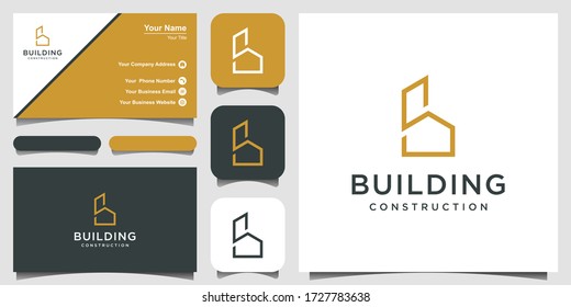 minimalist golden letter B Logo design with home building element and business card
