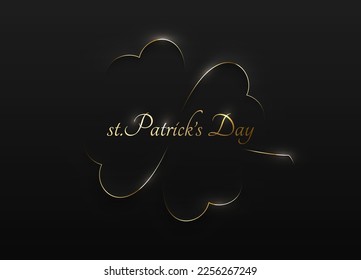 Minimalist golden soft 3D clover leaf thin line shape abstract frame design. st Patrick's Day gold text. Luxury minimal holiday poster, banner. Four-leaf black background simple vector illustration