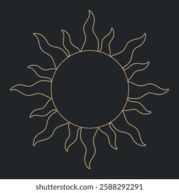 Minimalist golden sun outline with wavy rays on black background in modern geometric style. Energy, magic and good vibes in trendy bohemian style.