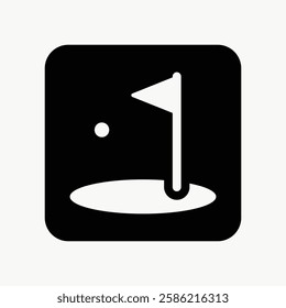 Minimalist golf icon with flag and hole. Black and white design. Golf flag, golf hole, and golf ball depicted. Simple golf-themed illustration. User interface icon vector.