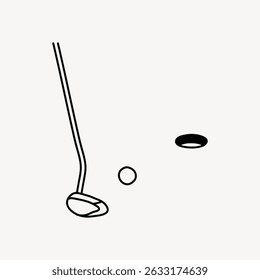 Minimalist golf illustration with a club, ball, and hole. Simple golf design with a golf club, golf ball, and hole on a plain background. Line art illustration vector.