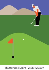 Golfista minimalista que se prepara para poner bajo cielo despejado.