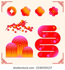 Minimalist Gradient Chinese New Year Vector Set.illustration of Partition, Tree,Flower,Tree,Snake.