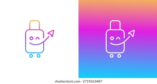 Minimalistisches Gradientenlinienbild eines fröhlichen Koffers mit Papierflugzeug, das Reise, Urlaubsplanung, Abenteuer und moderne Reisekonzepte symbolisiert. Ideal für Apps oder Logos.