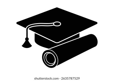 Minimalist graduation hat and diploma silhouette vector