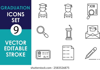 A minimalist graduation-themed icon set with editable vector stroke. Includes students, diploma, podium, job search, envelope, magnifying glass, certificate, A+ sheet, and pencil