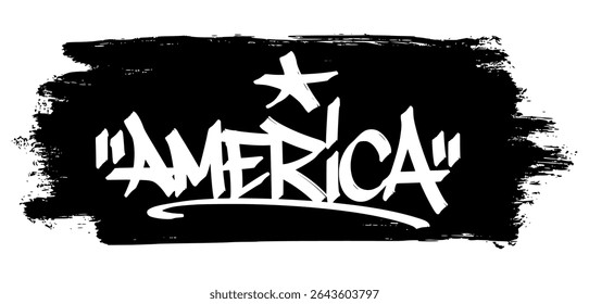 Minimalist graffiti tag “America” in white with intense black splatter. Great for 4th of July promotions, urban branding, and edgy patriotic visuals.