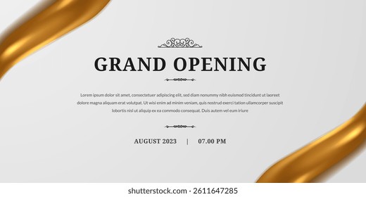 Minimalist grand opening layout with flowing golden ribbon on top left and bottom right for upscale elegance