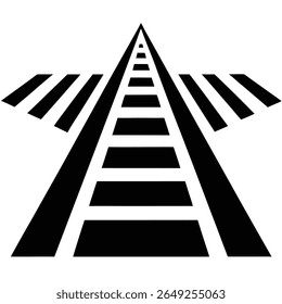 A minimalist graphic of black railway tracks converging to a point, intersected by black and white pedestrian crossing stripes on either side.
