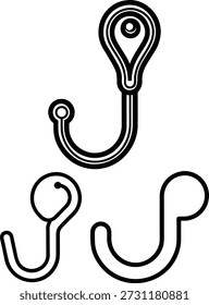 Coleção gráfica minimalista com três designs de gancho distintos com extremidades arredondadas e terminais circulares. Estilo de contorno preto no fundo branco ideal para organizar a interface do equipamento design de ícones de armazenamento em casa e elementos de ilustração de hardware de roupas.