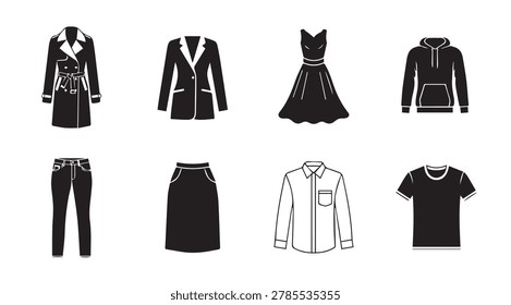 Minimalist graphic collection showcasing essential wardrobe staples like outerwear dresses and casual tops for fashion concepts.