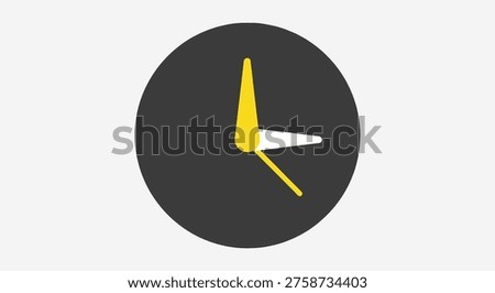 A minimalist graphic of a dark gray clock face with yellow hour and minute hands and a white second hand indicating a specific time.