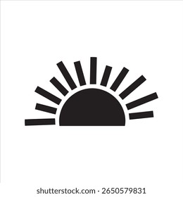 A minimalist graphic depicting a half-circle sun with emanating rays against a stark white backdrop.