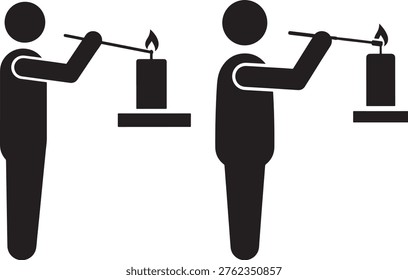 A minimalist graphic depicting two identical figures in silhouette, each lighting a candle with a match. The silhouette style is a key feature.
