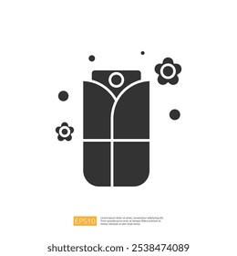 A minimalist graphic depicting a wrapped object with floral motifs, suggesting themes of care, nature, or gift-giving.