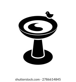 Minimalist graphic design of a birdbath with a small avian visitor. Ideal for garden decor nature themes or whimsical branding.