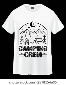 A minimalist, graphic design of a camping scene, featuring a tent, campfire, mountains, moon, and stars.