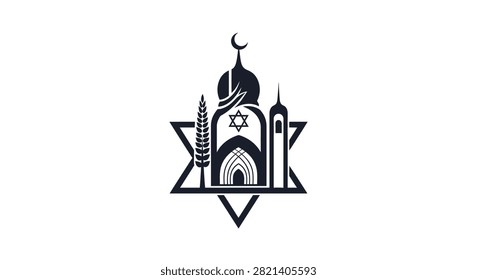 A minimalist graphic design combining a mosque silhouette with a crescent moon and a Star of David representing interfaith harmony and coexistence