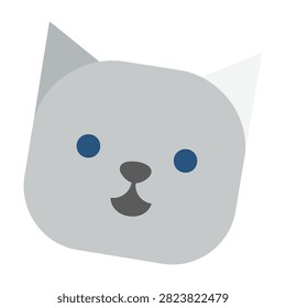 Minimalist graphic design of a cute gray feline face featuring simple blue dot eyes and geometric triangle ears isolated on a white background.