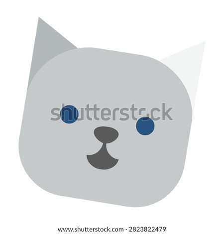 Minimalist graphic design of a cute gray feline face featuring simple blue dot eyes and geometric triangle ears isolated on a white background.