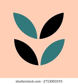 A minimalist graphic design features abstract teal and black leaf shapes forming a symmetrical floral pattern on a soft peach background.