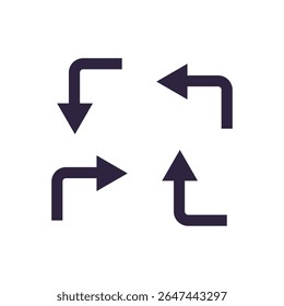 A minimalist graphic design features four directional arrows arranged in a square formation against a stark white background. 