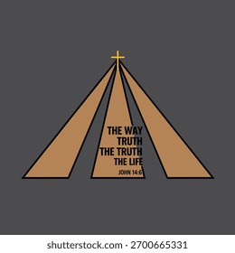 Um design gráfico minimalista apresenta uma cruz dourada sobre raios triangulares marrons de luz, com a citação bíblica "O Caminho da Verdade A Vida João 14:6" em um fundo cinza escuro.