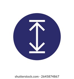 A minimalist graphic design features a stark white double-headed arrow centered within a solid, deep blue circle. 