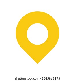 A minimalist graphic design features a stylized location marker against a stark white background.