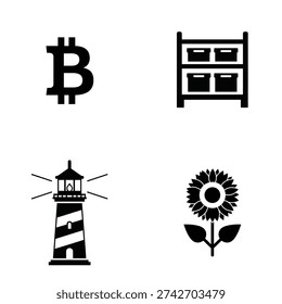 A minimalist graphic design featuring a bitcoin symbol, a bunk bed, a lighthouse, and a sunflower in silhouette mode